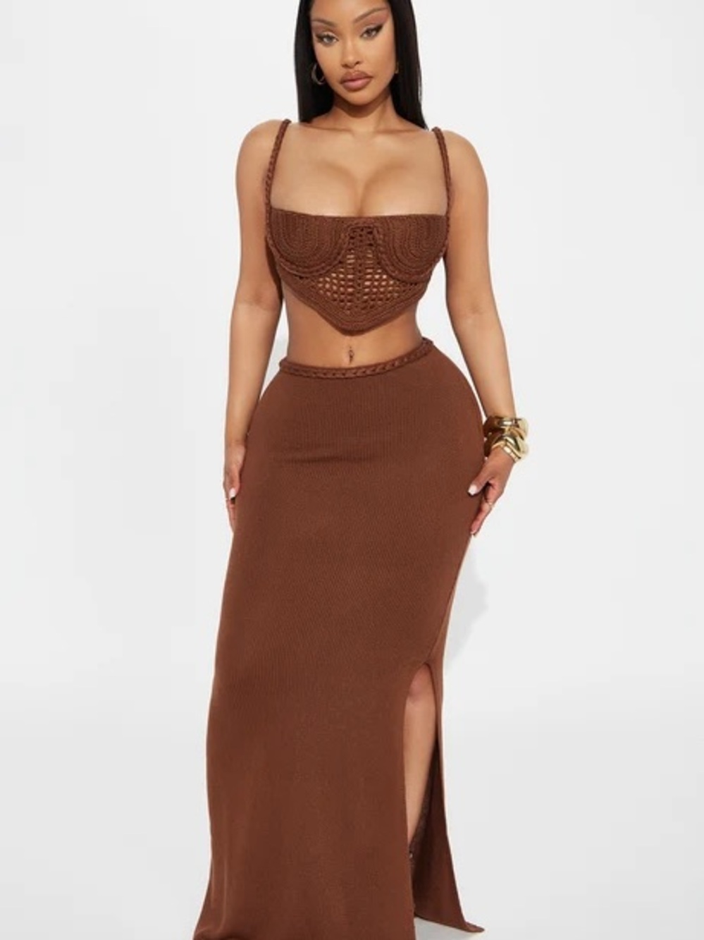 Fashion Nova Chocolate Brown Ribbed Maxi Skirt with Side Slit